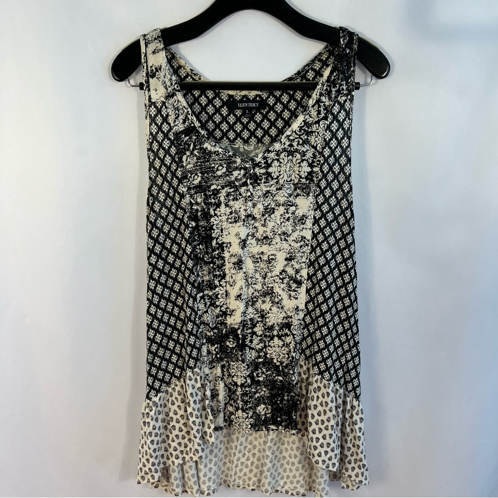 Ellen Tracy Sleeveless Tank Top Abstract Floral Women's Large Black White hi-Lo